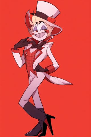 ((masterpiece, best quality)), 1boy, lucifer, full suit, cheeks, smile, thin, high heels, gloves, top hat, full body