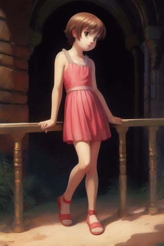 ((masterpiece, best quality, official art, hdr, high contrast)), 1girl, solo, tiny girl, short, thin, short hair, tight clothes, pink summer dress, zoo, stand back, lean on the railing, look at animal enclosure