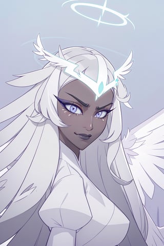 1girl, solo, long hair, closed mouth, upper body, white hair, wings, dark skin, makeup, frown, halo, eyeshadow, angel wings, angel, sera, long face, sharp jaw, smile, black lips, gray eyes, white iris, black pupil