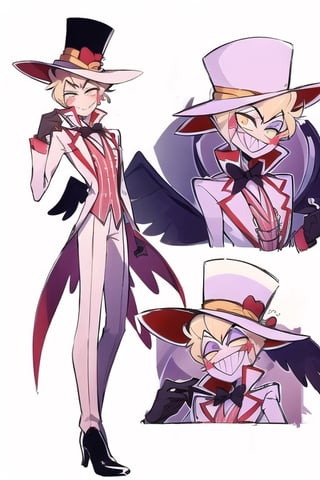 ((masterpiece, best quality)), 1boy, lucifer, full suit, cheeks, smile, thin, high heels, gloves, top hat, full body