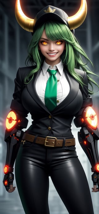 1girl, solo, long hair, looking at viewer, smile, hat, green eyes, multicolored hair, green hair, necktie, horns, teeth, belt, grin, hand on hip, glowing, sharp teeth, glowing eyes, colored sclera, mechanical arms, green necktie, gigantic breasts, sagging breasts, 