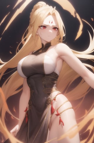 A regal warrior princess stands tall in a bold, blank background, her vibrant blonde locks cascading down her back in a single braid. Her pale skin and striking bangs frame her serene expression, as her glowing red eyes seem to pierce through the darkness. A strong jawline and prominent forehead reflect her courageous spirit.