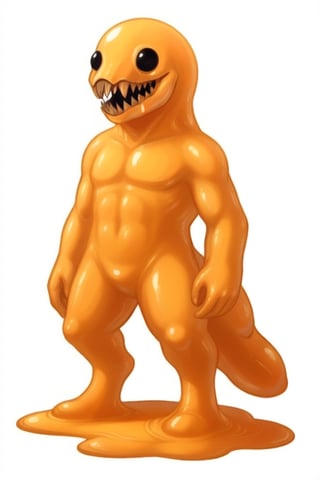 solo, full body, masterpiece, best quality, simple white background, 

scp999, slime, slime boy, orange, dot eyes, black eyes, 

((monstrous creature, terrifying creature, many sharp teeth,)),