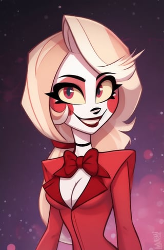 ((masterpiece, best quality, very detailed)), 1girl, charlie morningstar, smile, looking at viewer, red suit, vivziepop style,