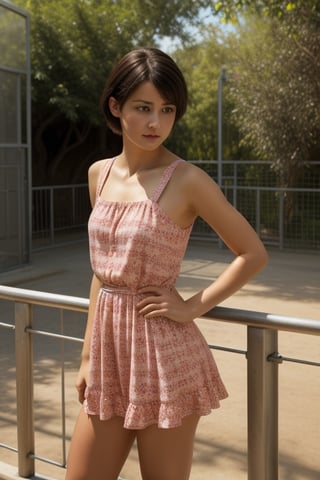 ((masterpiece, best quality, official art, hdr, high contrast)), 1girl, solo, tiny girl, short, thin, short hair, tight clothes, pink summer dress, zoo, stand back, lean on the railing, look at animal enclosure,REALISTIC