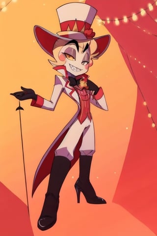 ((masterpiece, best quality)), 1boy, lucifer, full suit, cheeks, smile, thin, high heels, gloves, top hat, full body