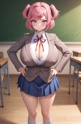 21yo girl, professional photo, stunningly beautiful girl, full body, standing, (long legs), (defined body), highly detailed eyes, extremely detailed, center image, bright sides, masterpiece, anime, highly detailed, 1girl, solo, natsuki , pink eyes, pink hair, medium hair, two side up, hair ribbon, hair ornament, school uniform, blazer, brown sweater, collared shirt, neck ribbon, blue skirt, standing, hands on hips, pouty lips, classroom,school uniform,

((huge breasts, cleavage, nipple bulge)),