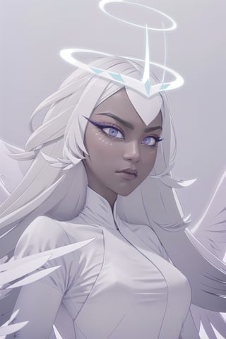 1girl, solo, long hair, closed mouth, upper body, white hair, wings, dark skin, makeup, frown, halo, eyeshadow, angel wings, angel, sera, long face, sharp jaw, gray sclera, white iris, black pupil