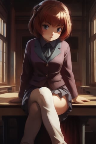 ((masterpiece, best quality, official art, hdr, high contrast)), 1girl, solo, school, man, short girl, playing on desk, crossed legs