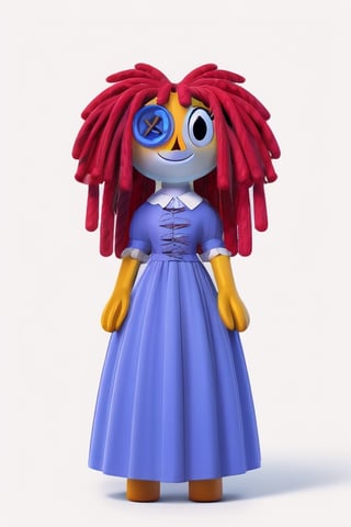 (Ragatha), masterpiece, best quality, ((High detailed)), color magic, saturated colors, ((white plain background)), full body, doll, red hair, pasta hair, curls, triangle nose, button as an eye, blue button, missing left eye, button as left eye, missing feet, dress, blue dress, sewn dress, many patches on the dress, smiling