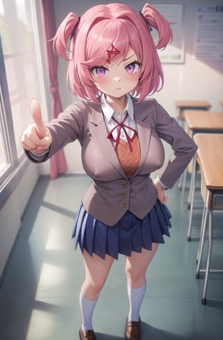 21yo girl, professional photo, stunningly beautiful girl, full body, standing, (long legs), (defined body), highly detailed eyes, extremely detailed, center image, bright sides, masterpiece, anime, highly detailed, 1girl, solo, natsuki , pink eyes, pink hair, medium hair, two side up, hair ribbon, hair ornament, school uniform, blazer, brown sweater, collared shirt, neck ribbon, blue skirt, standing, hands on hips, pouty lips, classroom,school uniform,

((pointing upwards breasts, extreme pointing upwards breasts, nipple bulge)),
