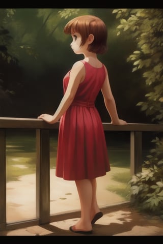 ((masterpiece, best quality, official art, hdr, high contrast)), 1girl, solo, tiny girl, short, thin, short hair, tight clothes, pink summer dress, zoo, stand back, lean on the railing, look at animal enclosure