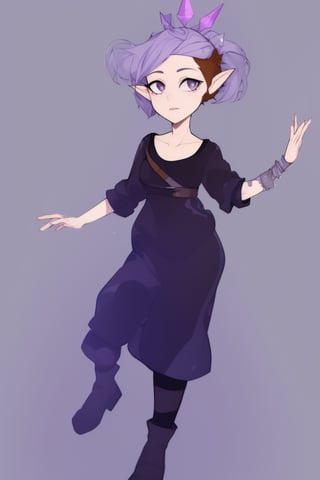 full body, plain grey background, 1girl, solo, amity_timeskip, clothes, amity, purple brown hair, long ears,best quality, human, ,masterpiece,Anime