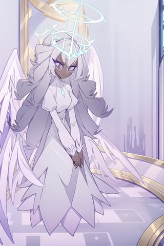 masterpiece, best quality, 1girl, solo, angel, elder angel, tall, thin, dark skin, halo, glowing halo, full body, standing, glow eyes, dark eyes, thick eyelashes, dark eyelashes, long dress, dress, gradient hair, grey hair, smile, happy, face dots, covered neck, sera, wings, multiple wings, sharp jaw, long face