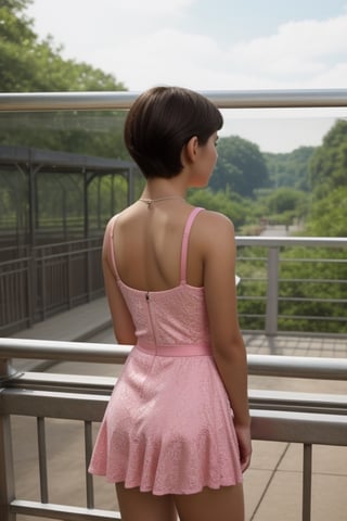 ((masterpiece, best quality, official art, hdr, high contrast, view from the back)), 1girl, solo, tiny girl, short, thin, short hair, tight clothes, pink summer dress, zoo, stand back, lean on the railing, look at animal enclosure,REALISTIC