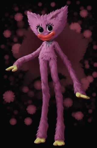 kissymissy, 1girl, tall, skinny, furry, fur, pink fur, yellow hands, yellow feet, long arms, long legs, ((simple art background)), smile, happy, looking at viewer, big lips, red lips, black eyes, big eyes, cute, horror game