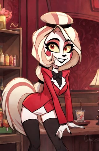 ((masterpiece, best quality, very detailed)), 1girl, charlie morningstar, smile, looking at viewer, red suit, vivziepop style, ((pilot episode)),