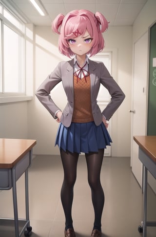21yo girl, professional photo, stunningly beautiful girl, full body, standing, (long legs), (defined body), highly detailed eyes, extremely detailed, center image, bright sides, masterpiece, anime, highly detailed, 1girl, solo, natsuki , pink eyes, pink hair, medium hair, two side up, hair ribbon, hair ornament, school uniform, blazer, brown sweater, collared shirt, neck ribbon, blue skirt, standing, hands on hips, pouty lips, classroom,school uniform,

((extreme skinny, unhealthy skinny, almost skeleton)),