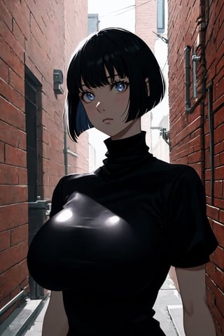 masterpiece, high quality, highres, 2D, illustration, upper body, face focus, 1girl, black hair, bobcut, bangs, blue eyes, closed mouth, black shirt, short sleeves, turtleneck, city, standing in an alley,HUGEFAKETITS, large fake breasts,