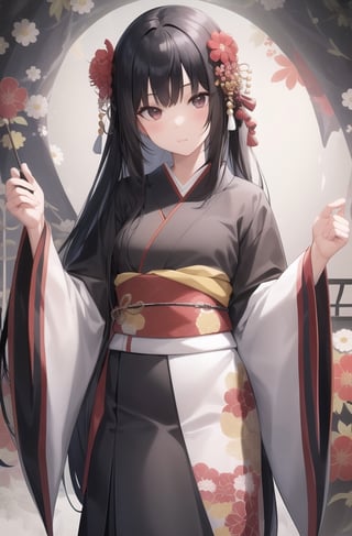1girl, solo, long hair, looking at viewer, bangs, black hair, hair ornament, closed mouth, upper body, japanese clothes, hair flower, kimono, grey background, black eyes, lips, sash, realistic, ,Sexy Pose