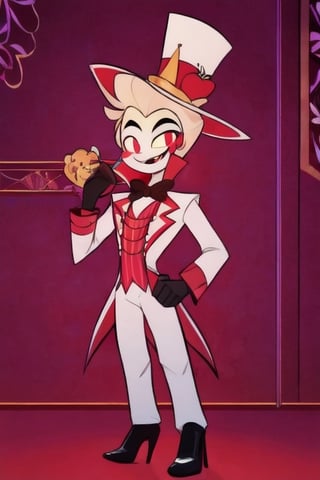 ((masterpiece, best quality)), 1boy, lucifer, full suit, cheeks, smile, thin, high heels, gloves, top hat, full body
