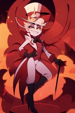 ((masterpiece, best quality)), 1boy, lucifer, full suit, cheeks, smile, thin, high heels, gloves, top hat, full body