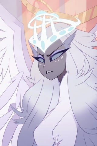 1girl, solo, long hair, closed mouth, upper body, white hair, wings, dark skin, makeup, frown, halo, eyeshadow, angel wings, angel, sera, long face, sharp jaw, gray sclera, white iris, black pupil