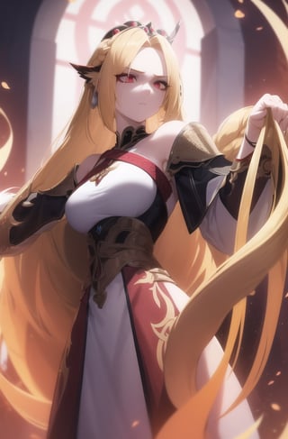 A regal warrior princess stands tall in a bold, blank background, her vibrant blonde locks cascading down her back in a single braid. Her pale skin and striking bangs frame her serene expression, as her glowing red eyes seem to pierce through the darkness. A strong jawline and prominent forehead reflect her courageous spirit.