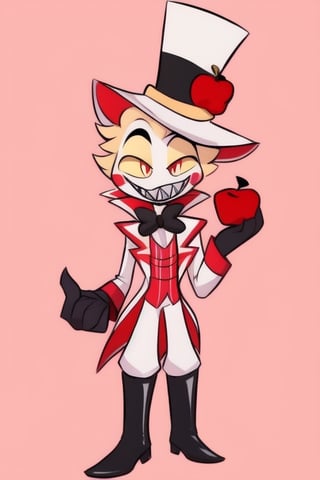 ((masterpiece, best quality)), 1boy, demon, king, lucifer, white skin, white and red suit, yellow sclera, red iris, formal suit, top hat, apple, short king, standing, (simple background), happy, wide smile, sharp teeth, striped waistcoat, black high boots, black gloves, holding duck, duck in hand,