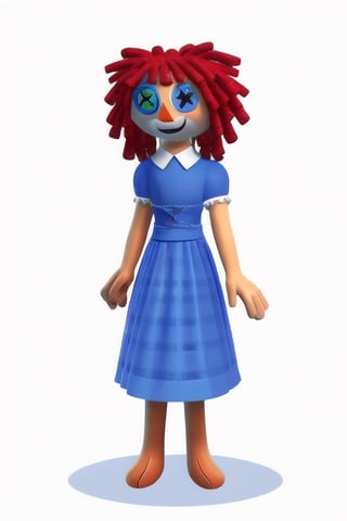 (Ragatha), masterpiece, best quality, ((High detailed)), color magic, saturated colors, ((white plain background)), full body, doll, red hair, pasta hair, curls, triangle nose, button as an eye, blue button, missing left eye, button as left eye, missing feet, dress, blue dress, sewn dress, many patches on the dress, smiling