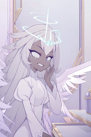 ((masterpiece, best quality, 1girl, solo)), angel, dark skin, grey skin, halo, glowing halo, upper body, face view, dark eyes, dark thick eyelashes, long dress, dress, gradient hair, grey hair, smile, happy, face dots, covered neck, sera, wings, multiple wings,