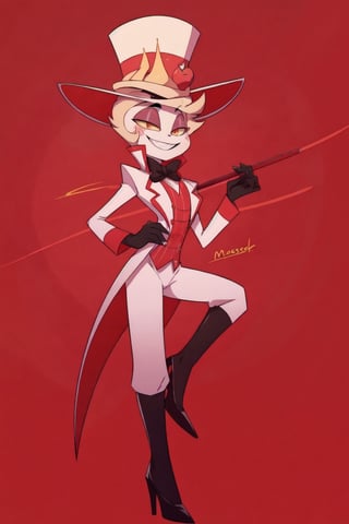 ((masterpiece, best quality)), 1boy, lucifer, full suit, cheeks, smile, thin, high heels, gloves, top hat, full body