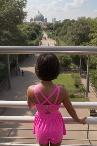 ((masterpiece, best quality, official art, hdr, high contrast, view from the back, view from above)), 1girl, solo, tiny girl, short, thin, short hair, tight clothes, pink summer dress, zoo, stand back, lean on the railing, look at animal enclosure,photorealistic