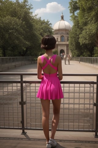 ((masterpiece, best quality, official art, hdr, high contrast, view from the back)), 1girl, solo, tiny girl, short, thin, short hair, tight clothes, pink summer dress, zoo, stand back, lean on the railing, look at animal enclosure,photorealistic