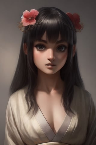 1girl, solo, long hair, looking at viewer, bangs, black hair, hair ornament, closed mouth, upper body, japanese clothes, hair flower, kimono, grey background, black eyes, lips, sash, realistic, ,Sexy Pose