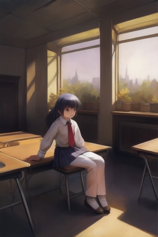 ((masterpiece, best quality, official art, hdr, high contrast)), 1girl, solo, school, man, short girl, playing on desk, crossed legs