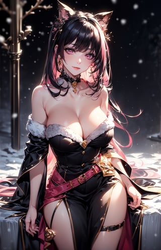 (((fantasy setting, fantasy snow garden background:1.3))), (long multicolor hair, transition hair, two tone hair, pink hair, black hair:1.2), (longhairstyle:1.4), ((pale_skin)), ((pink eyes)), ((1 mature woman)), (busty), large breasts, best quality, extremely detailed, HD, 8k, (happy face), (happy eyes),dress,1 girl