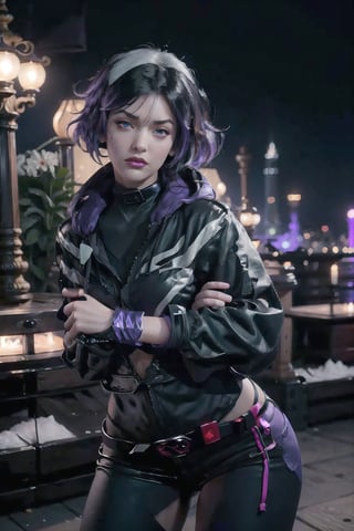 (masterpiece), best quality, high resolution, extremely detailed, detailed background, 1 girl, solo, reina, multicolored hair, purple eyes, choker, CARTOON_X_MENs_Rogue, fingerless gloves, abstract background, scenary, grumpy face, makeup, purple lipstick, beautiful eyes, curvy, slim waist, 🌃🌆.