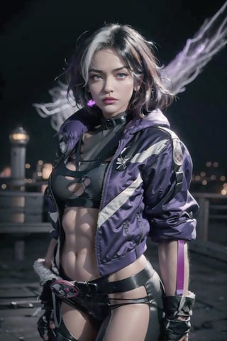 (masterpiece), best quality, high resolution, extremely detailed, detailed background, 1 girl, solo, reina, multicolored hair, purple eyes, choker, CARTOON_X_MENs_Rogue, fingerless gloves, abstract background, scenary, grumpy face, makeup, purple lipstick, beautiful eyes, curvy, slim waist, 🌃🌆.