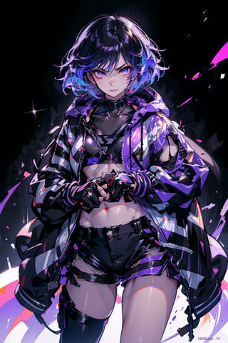 (masterpiece), best quality, high resolution, extremely detailed, detailed background, better_hands, (hands:1.1), Detailedface, 1 girl, solo, reina, multicolored hair, purple eyes, choker, purple jacket, see-through, black shirt, black shorts, fingerless gloves, pantyhose, abstract background, scenary, grumpy face, makeup, purple lipstick, beautiful eyes, curvy, slim waist, 🌃🌆.