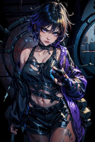 (masterpiece), best quality, high resolution, extremely detailed, detailed background, egirlmakeup, 1 girl, solo, reina, multicolored hair, purple eyes, choker, purple jacket, see-through, black shirt, black shorts, fingerless gloves, pantyhose, abstract background, scenary, grumpy face, makeup, purple lipstick, beautiful eyes, curvy, slim waist, 🌃🌆.