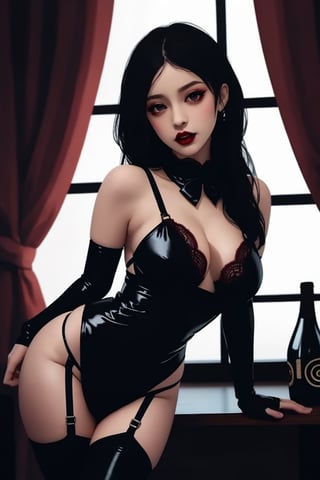 pretty, long_hair, black_hair, detailed_eyes, red_highlights, detailed_face, grey_eyes, dark_colors, black_lingerie, mansion, light skinned, full_figured, black_dress,goth, pretty_eyes, almond_eyes, alternative_fashion, techwear, ribbons, collars, harness, bondage, rope, latex, lace, stockings, sexy_pose, adorable, sexy, full_lips, big_eyes,red_bows,voluptuous,necromancer,vampire,suzuna,kirara /(genshin impact/),Deku_Link_Zelda