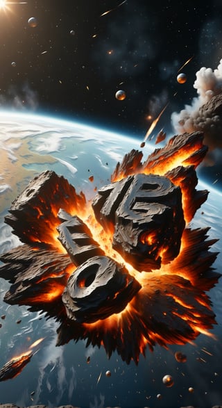 (text logo: THE AND: 1.1) molten rock rocky asteroid, 8k photorealistic, colliding with earth, exploding, space, highly detailed, cinematic