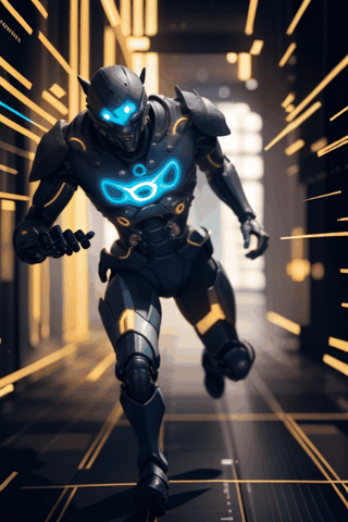 Generate a brief animation depicting a cybernetic warrior swiftly sprinting forward with futuristic enhancements, seamlessly transitioning into an intense combat-ready stance, preparing for an impending battle.