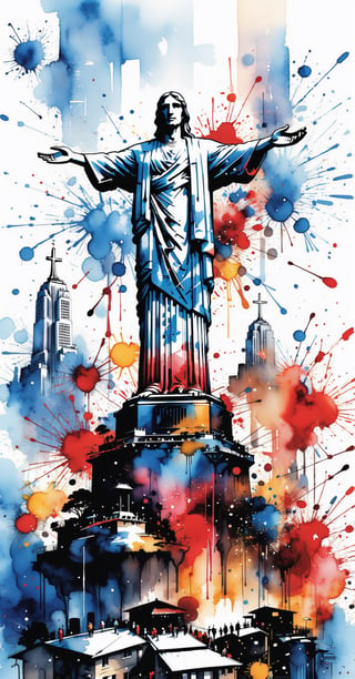 Cityscape street Rio de Janeiro Christ the Redeemer, watercolor splash art by Carne Griffiths and Pascal Campion, incredibly detailed illustration, trends on Artstation, splash art, paint splashes, perfect composition, black blue red gray, watercolor, trends on artstation, sharp focus , studio photo, intricate, highly detailed, by greg rutkowski