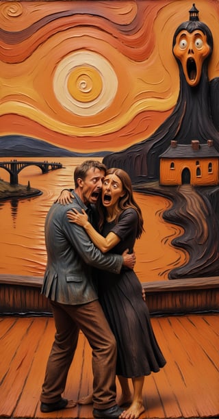 (realistic painting of a frightened man and woman, (hugging each other in fear: 1.4), full height, made of clay, Edvard Munch style, (the scream painting: 1.4), (colored background: 1.1), bridge, castle, outside, (hands touching face:0.7), scared man and woman, extremely detailed, intricate details, 4k, 8k, maximum quality possible please, (pumpkin on the floor:1.1), barefoot, put sunset, scary things, scary atmosphere