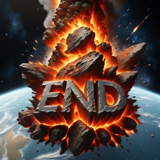 (text logo: THE END: 1.1) molten rock rocky asteroid, 8k photorealistic, colliding with earth, exploding, space, highly detailed, cinematic