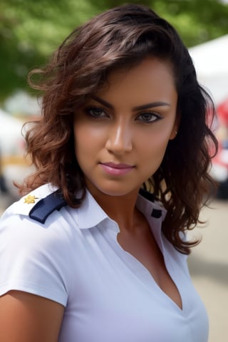 professional photograph, female officer police , with uniform white short sleeve shirt, posing like a model, languid look, perfect symmetric eyes, with soft lush curly white long hair, hyper-realistic, digital graphics, sharp focus, perfect composition, a model of ultra-high quality and clarity, perfect play of light and shadow, 32k HDR, hyper-detailing, complex artistic masterpiece