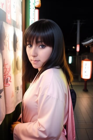 (masterpiece), best quality, expressive eyes, perfect face  , standing,white long hair ,  pink kimono ,Daki , by night , outside , Asakusa Japan , 