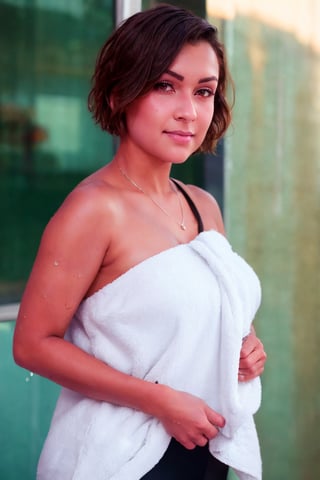 woman with a towel over her shoulder, natural short hair, cute young woman, with short hair, wet hair, short brown hair and large eyes, pixie cut, brown short hair, short hair, short brown hair, short bobcut,photorealistic